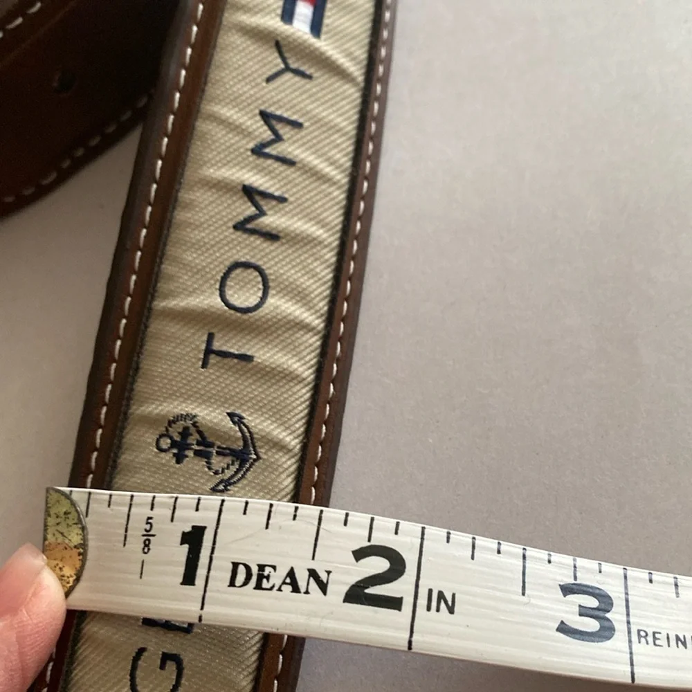 TOMMY HILFIGER Men's Brown Leather Belt Ribbon Logo Contrast Stitching Casual L